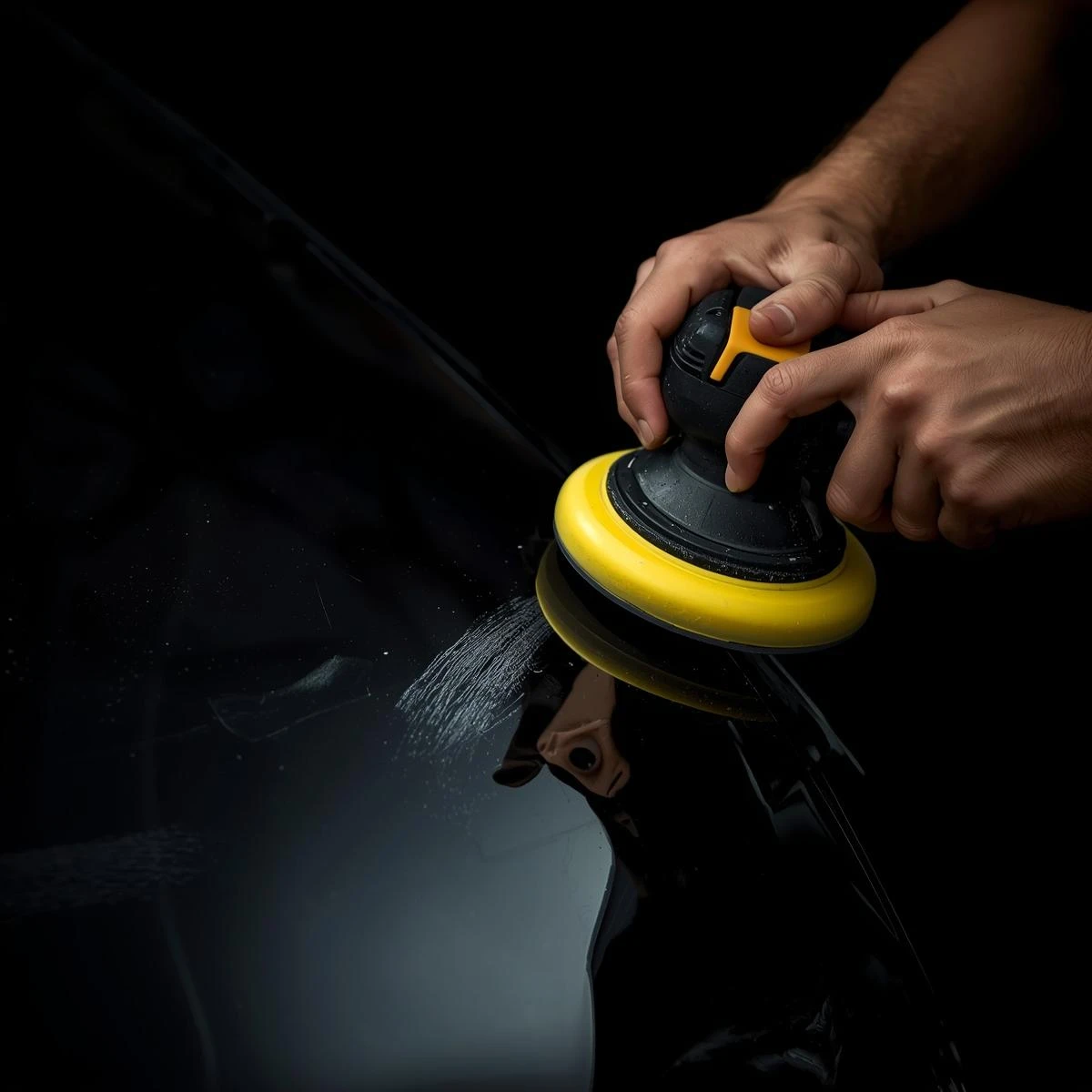 Hände polieren Kratzer am Auto mit Poliermaschine
