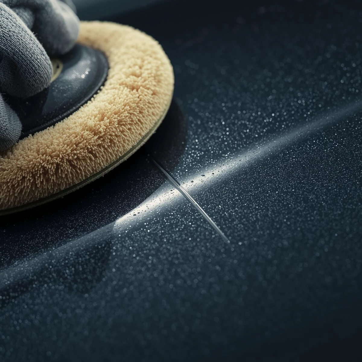 Nahaufnahme der Lackpolierung eines großen Kratzers am Auto