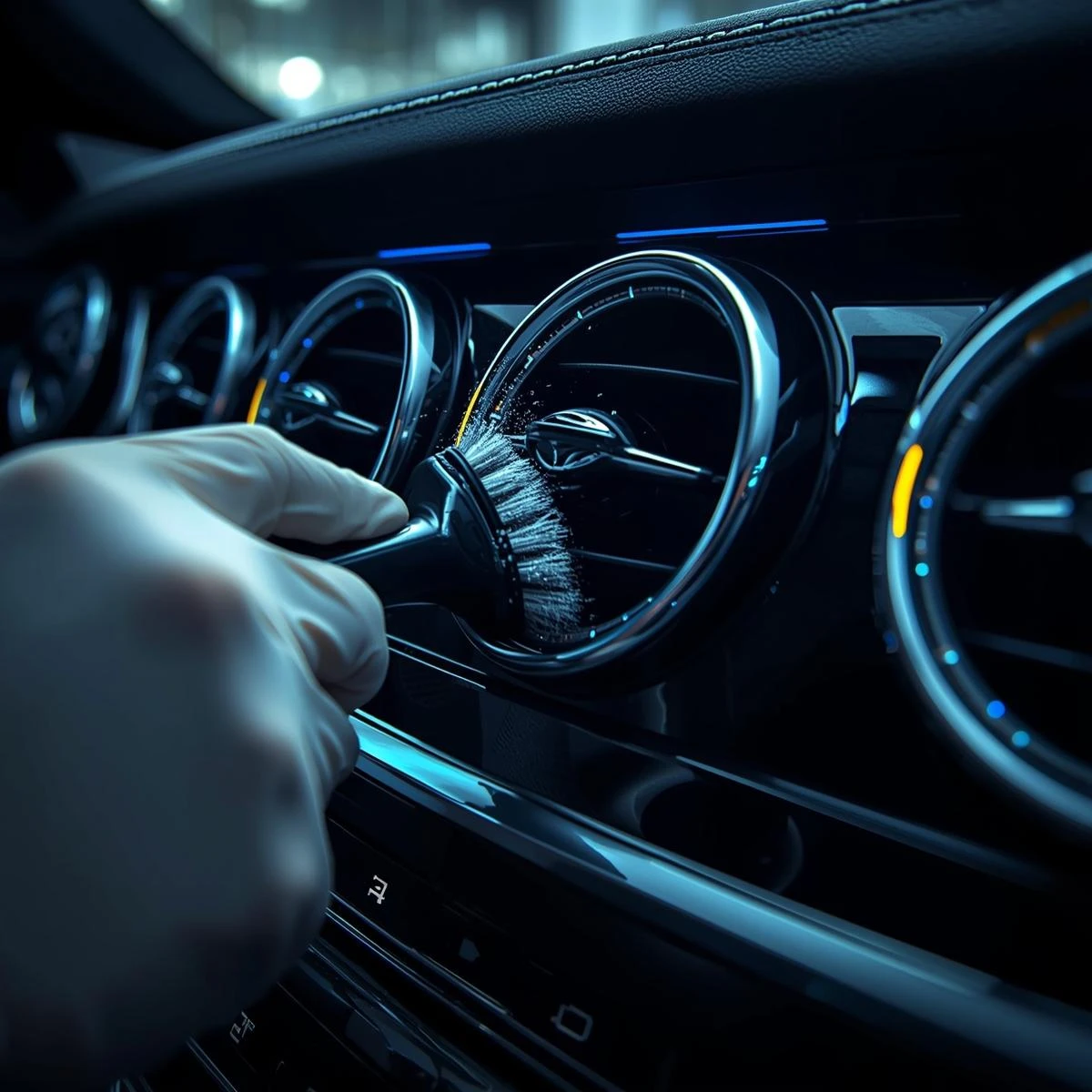 Nahaufnahme der Klimaanlagen-Reinigung im schwarzen Mercedes.